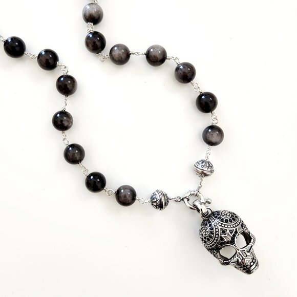SILVER OBSIDIAN NECKLACE W/ 925 SILVER SKULL --24" Inches